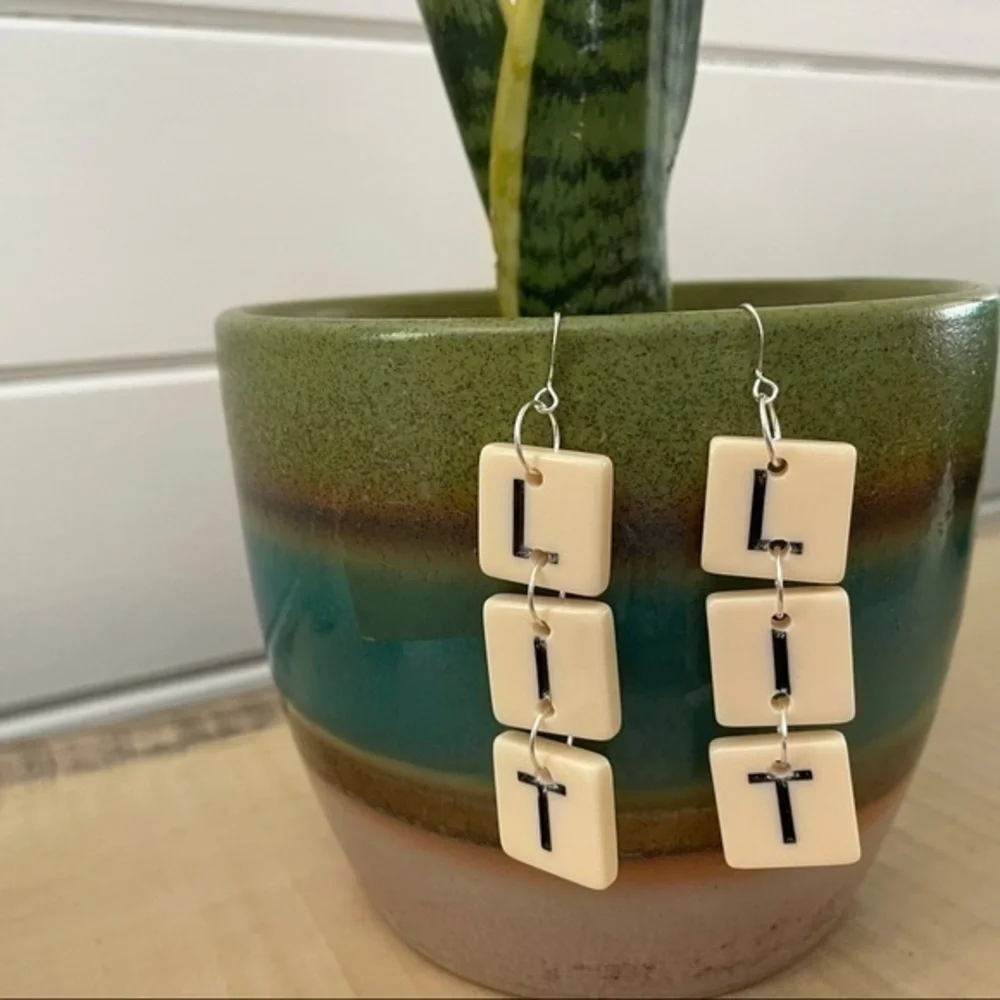 $10 SALE Handmade LIT Letter Tile Earrings 3.5” Upcycled Repurposed Book Gift